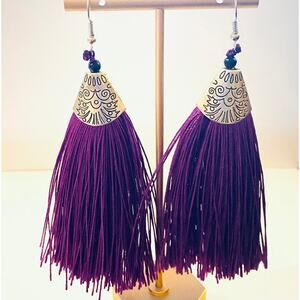 Purple Tassel Silver Etched Earrings
